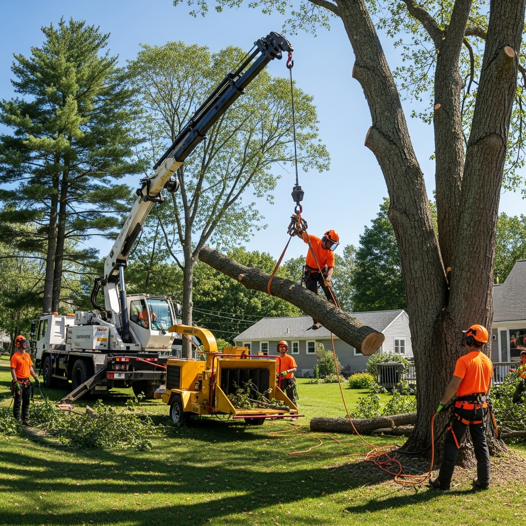 Professional tree removal crew safely removing a large tree in a New Hampshire residential yard